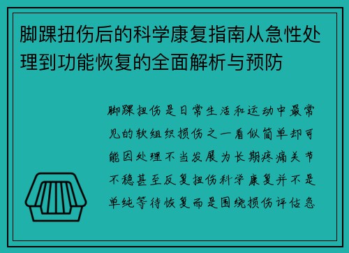 脚踝扭伤后的科学康复指南从急性处理到功能恢复的全面解析与预防 脚踝扭伤后的科学康复指南从急性处理到功能恢复的全面解析与预防